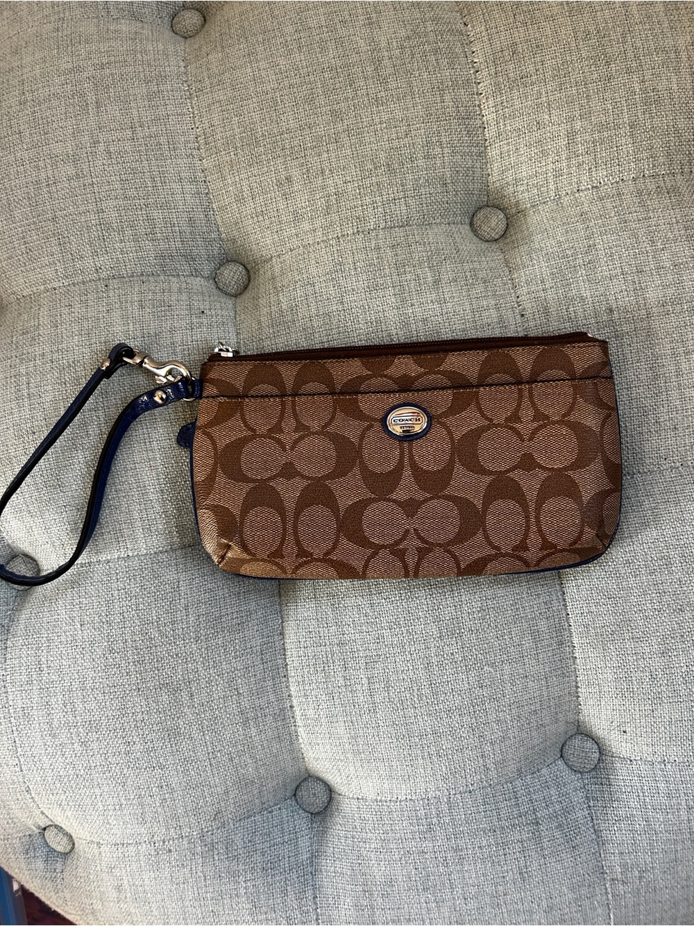 Coach Brown Signature Canvas Wristlet with Navy Strap